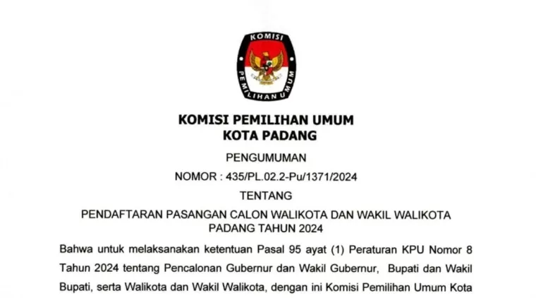 Pengumuman KPU Padang Tentang Pendaftaran Calon Wali Kota dan Wakil Wali Kota Padang 2024