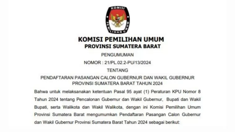 Pengumuman pendaftaran pasangan calon gubernur dan wakil gubernur provinsi Sumatera Barat 2024. (Foto: KPU Sumbar)