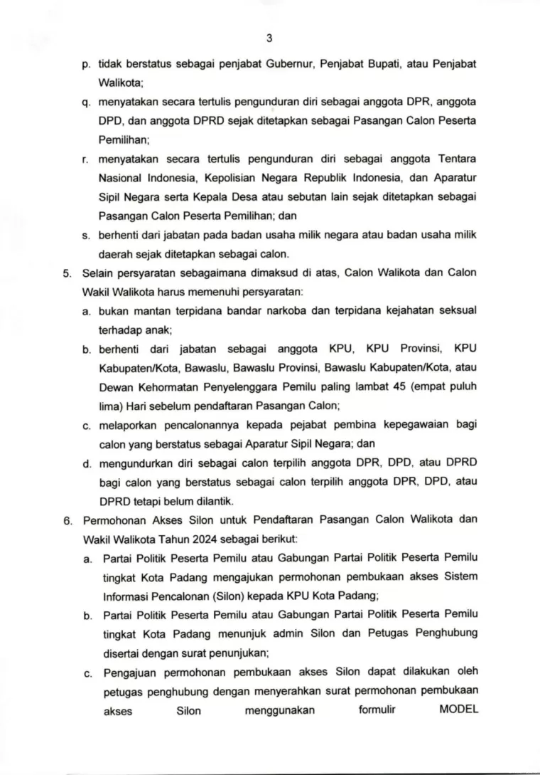 Syarat Pendaftaran Calon Wali Kota dan Wakil Wali Kota Padang 2024