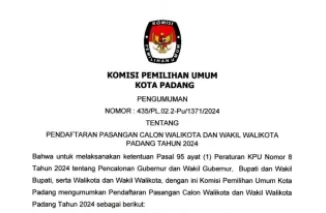 Pengumuman KPU Padang Tentang Pendaftaran Calon Wali Kota dan Wakil Wali Kota Padang 2024