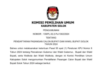 Pengumuman tentang pendaftaran pasangan calon Bupati dan Wakil Bupati Kabupaten Solok 2024. (Foto: KPU Kab Solok)