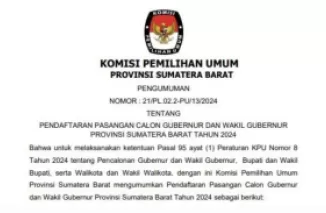 Pengumuman pendaftaran pasangan calon gubernur dan wakil gubernur provinsi Sumatera Barat 2024. (Foto: KPU Sumbar)