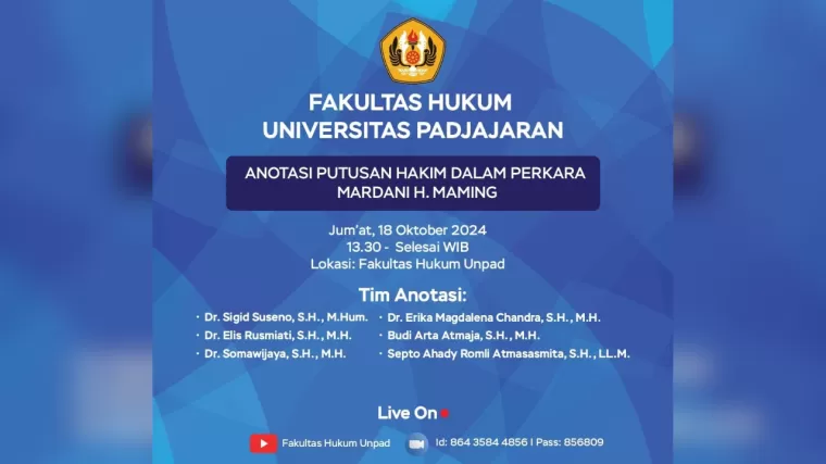 Fakultas Hukum Universitas Padjadaran Gelar Diskusi Anotasi Putusan Mardani Maming, Disiarkan Langsung Hari Ini