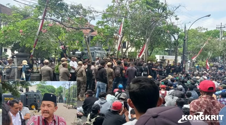 Massa Unjuk Rasa Almasta bersama ratusan warga Wonorejo saat di depan kantor DPRD Tulungagung. (Insert: Ketua DPRD Tulungagung Marsono saat diwawancarai sejumlah awak media).