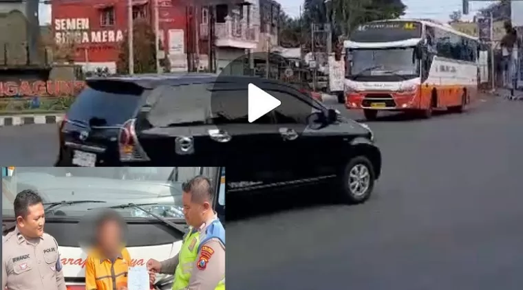 Tangkapan gambar video bus Harapan Jaya saat menerobos lampu merah. (Insert : petugas Satlantas Polres Tulungagung berikan sanksi tilang kepada sopir Bus Harapan Jaya)