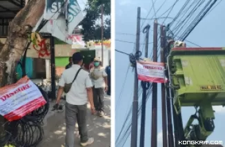 Foto Kolase: Petugas gabungan Satpol PP Tulungagung menyegel Fiber Optic yang tidak berijin di wilayah Karangrejo