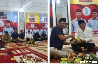 Foto kolase: Doa bersama di acara pembukaan Posko dan Sekretariat Pusat Tim Pemenangan GaBah dan Cabup Tulungagung Gatut Sunu saat memberikan potongan tumpeng kepada Ketua Tim Pemenangan