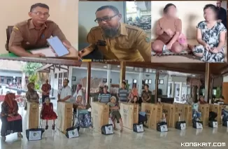 Dinsos Tulungagung saat menyalurkan bantuan kursi roda pada bulan Agustus 2024 lalu. (Insert dari kiri: Lurah Karangwaru, Kabid Rehabilitasi Sosial Dinsos Tulungagung, dan kedua anak yatim piatu Sela - Wina)