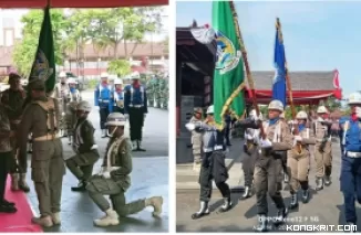 Foto kolase: Pj Bupati Tulungagung Heru Suseno terima pataka Jawa Timur dan Pasukan Satpol PP Tulungagung saat membawa pataka Jawa Timur, panji Praja Wibawa, Yudha Brama Jaya dan lambang hari jadi Jatim