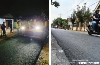 Foto kolase: kondisi ruas jalan di Desa Sumberdadi saat pengerjaan dan sesudah pengerjaan