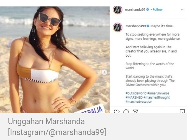 Marshanda memperlihatkan foto menggunakan bikini saat berada di pinggir pantai kawasan Sydney, Australia.