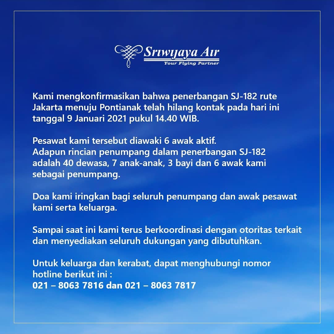 Rincian penumpang pesawat Sriwijaya Air SJ-182 tujuan Jakarta menuju Pontianak | @sriwijayaair/Halonusa