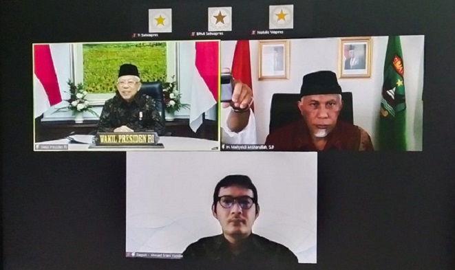 Gubernur Sumbar Zoom Meeting dengan Wapres Ma'ruf Amin. (Diskominfo Sumbar)