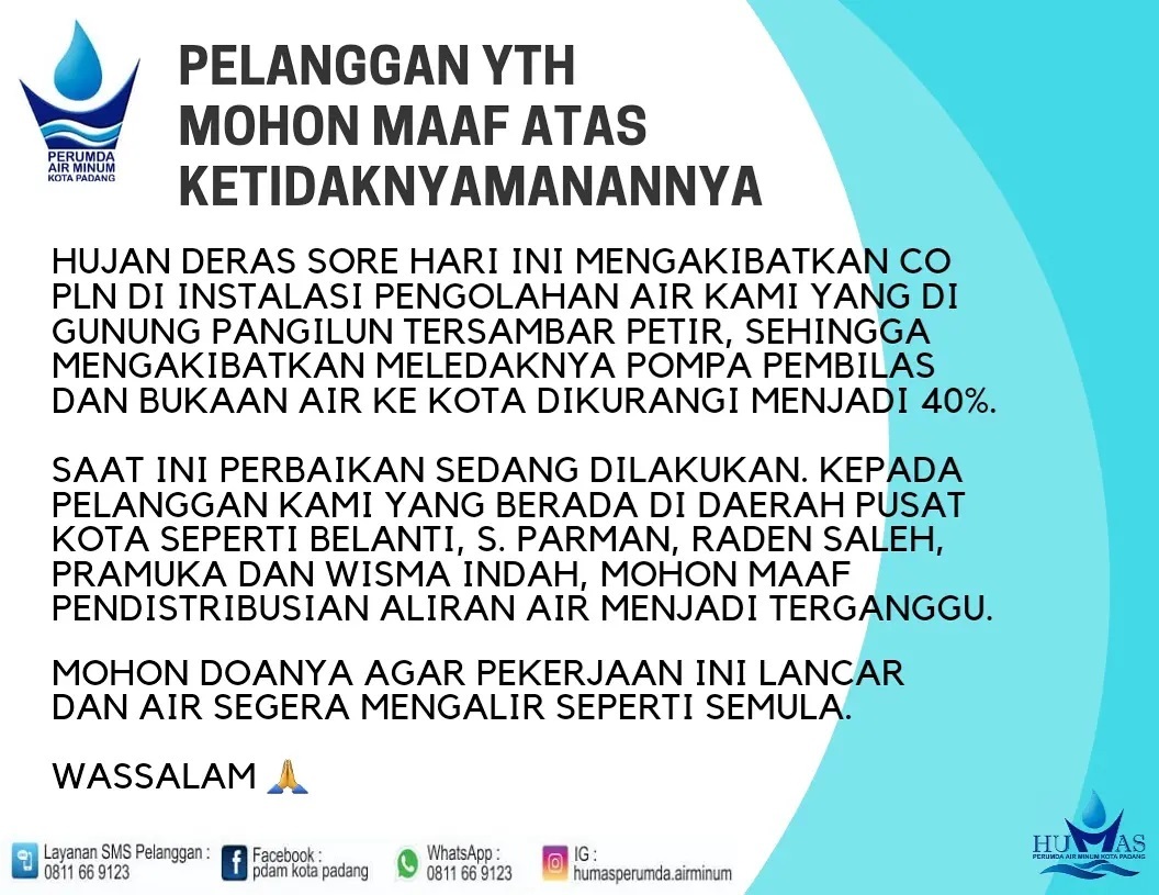 Informasi pengumuman terbaru PDAM. (Foto: Dok. Perumda Air Minum Padang)