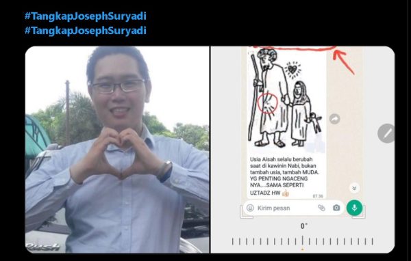 Tagar tangkap Joseph Suryadi trending di media sosial Twitter lantaran unggahan foto disertai teks yang menjurus pelecehan sosok Nabi. 