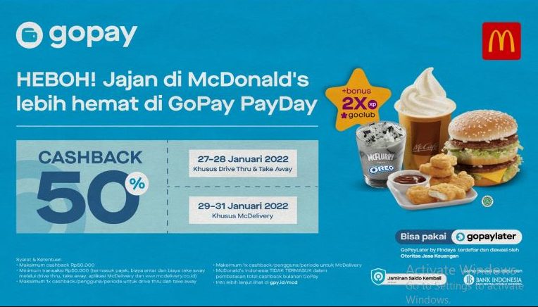 Promo McDonald's (MCD) Januari 2022: Bayar Pakai GoPay Dapatkan Cashback 50% (Gojek/Halonusa)