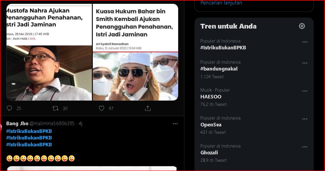 Istriku Bukan BPKB di Twitter, Lantaran Habib Bahar bin Smith Ajukan Istri Penjamin (twitter/halonusa)