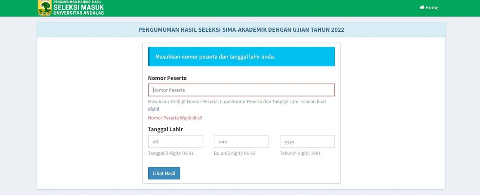 Cara registrasi pengumuman SIMA Unand 2022. (Foto: Dok. Tangkapan layar laman Unand)