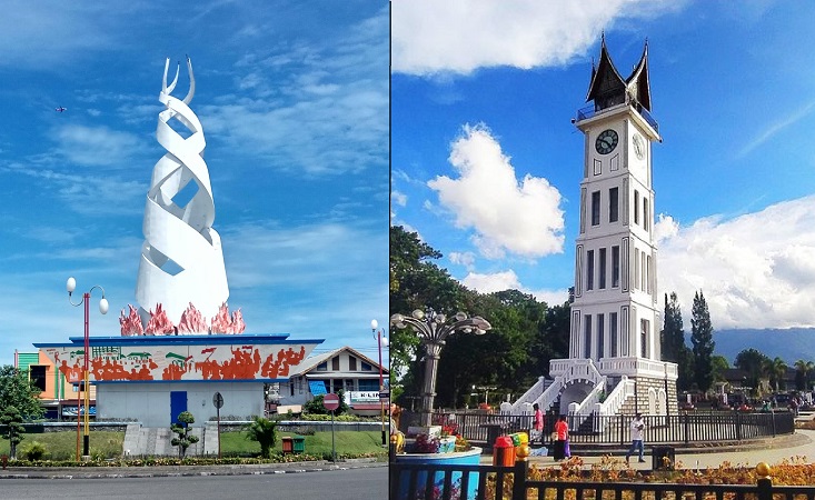 Kolase foto Tugu Padang Area Simpang Haru dan Jam Gadang Bukittinggi. (Foto: Wikipedia dan Pixabay)