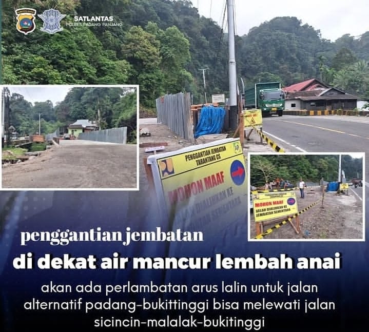 Perbaikan jembatan di dekat Air Mancur Lembah Anai. (Foto: tangkapan layar Instagram @bukitinggiku.ig)