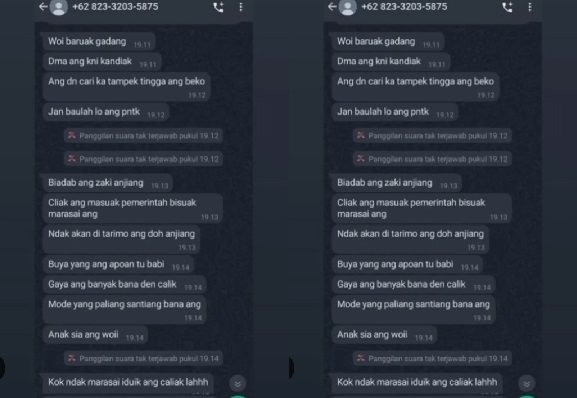 Isi chat pelaku ke Presiden mahasiswa UIN Bukittinggi. (Foto: tangkapan layar Instagram @info_padang24)