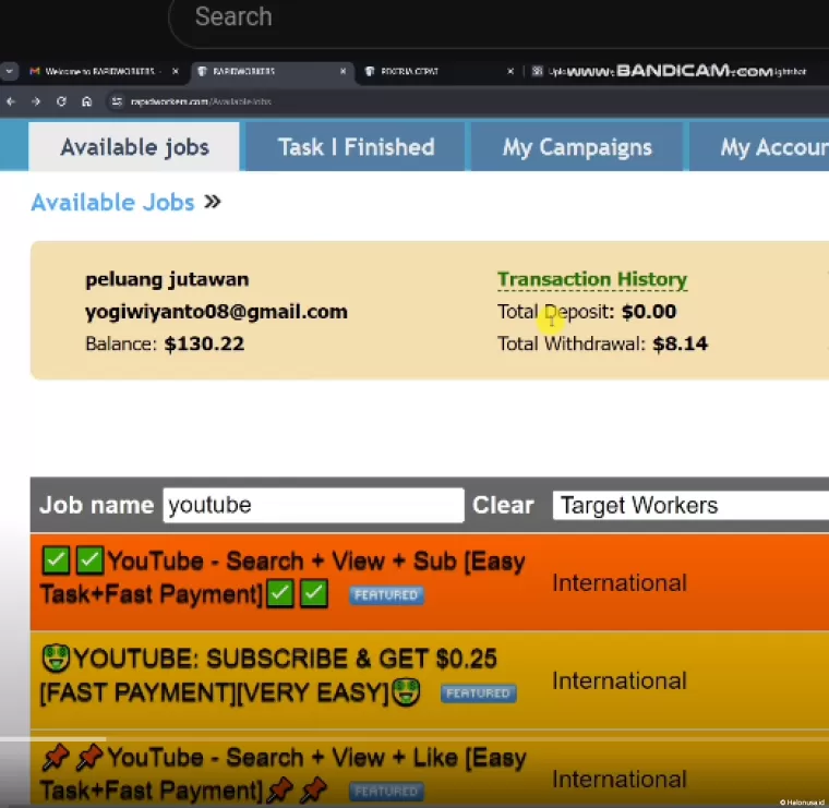 Riwayat transaksi website penghasil uang RapidWorker (foto: Youtuber Peluang Jutawan)