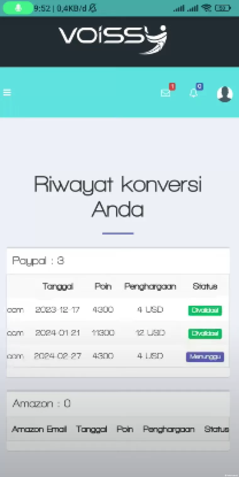 Riwayat Transaksi Aplikasi penghasil uang Voissy (foto: Youtuber Naufal354)