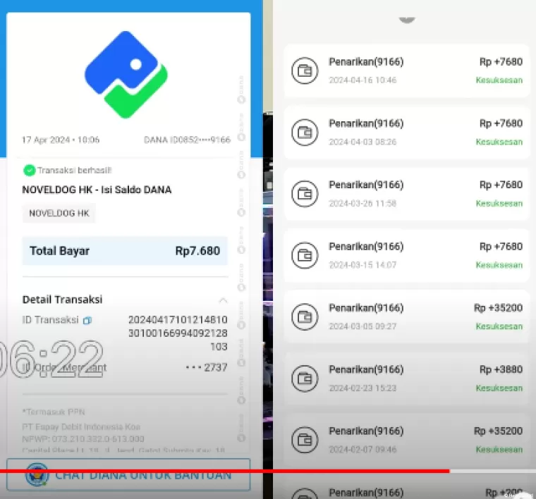 Riwayat transaksi aplikasi penghasil uang NovelDog (foto: Youtuber Jadi Berkah)