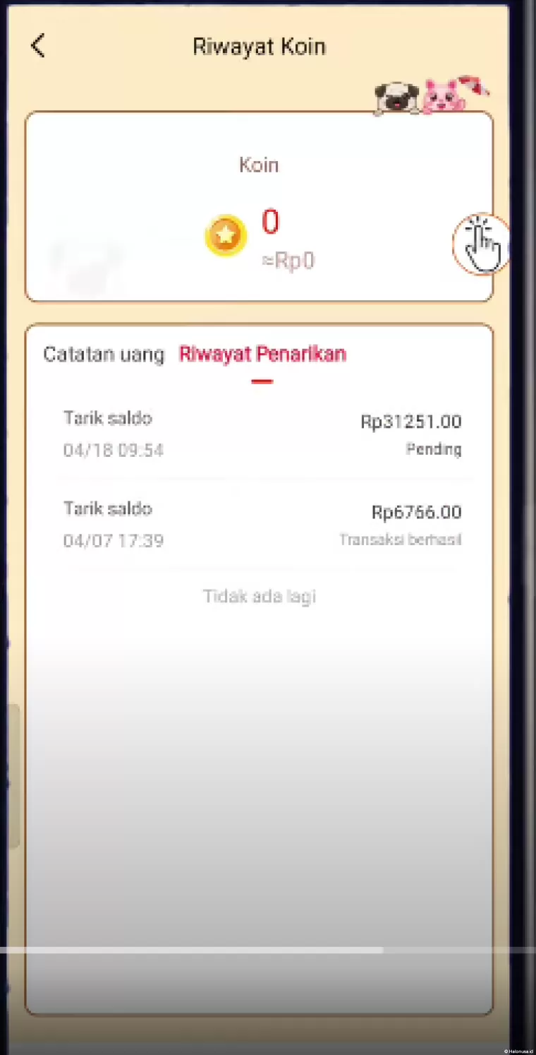 Riwayat transaksi aplikasi penghasil uang Crazy Sudoku (foto: Youtuber Herz ID)