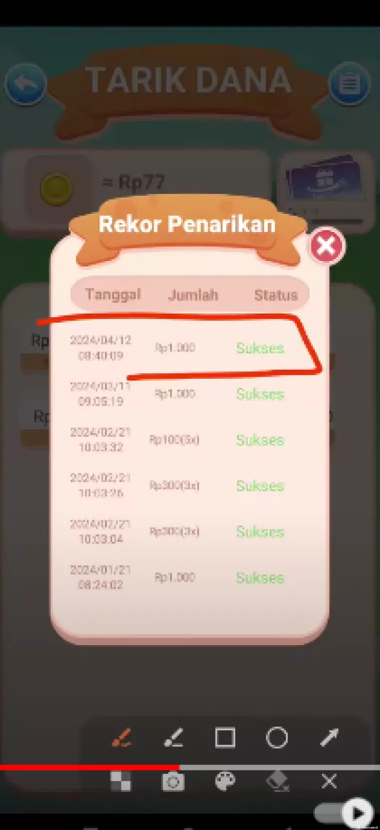 Riwayat transaksi aplikasi penghasil uang Super Ball Shoot Merge (foto: Youtuber Jadi Berkah)