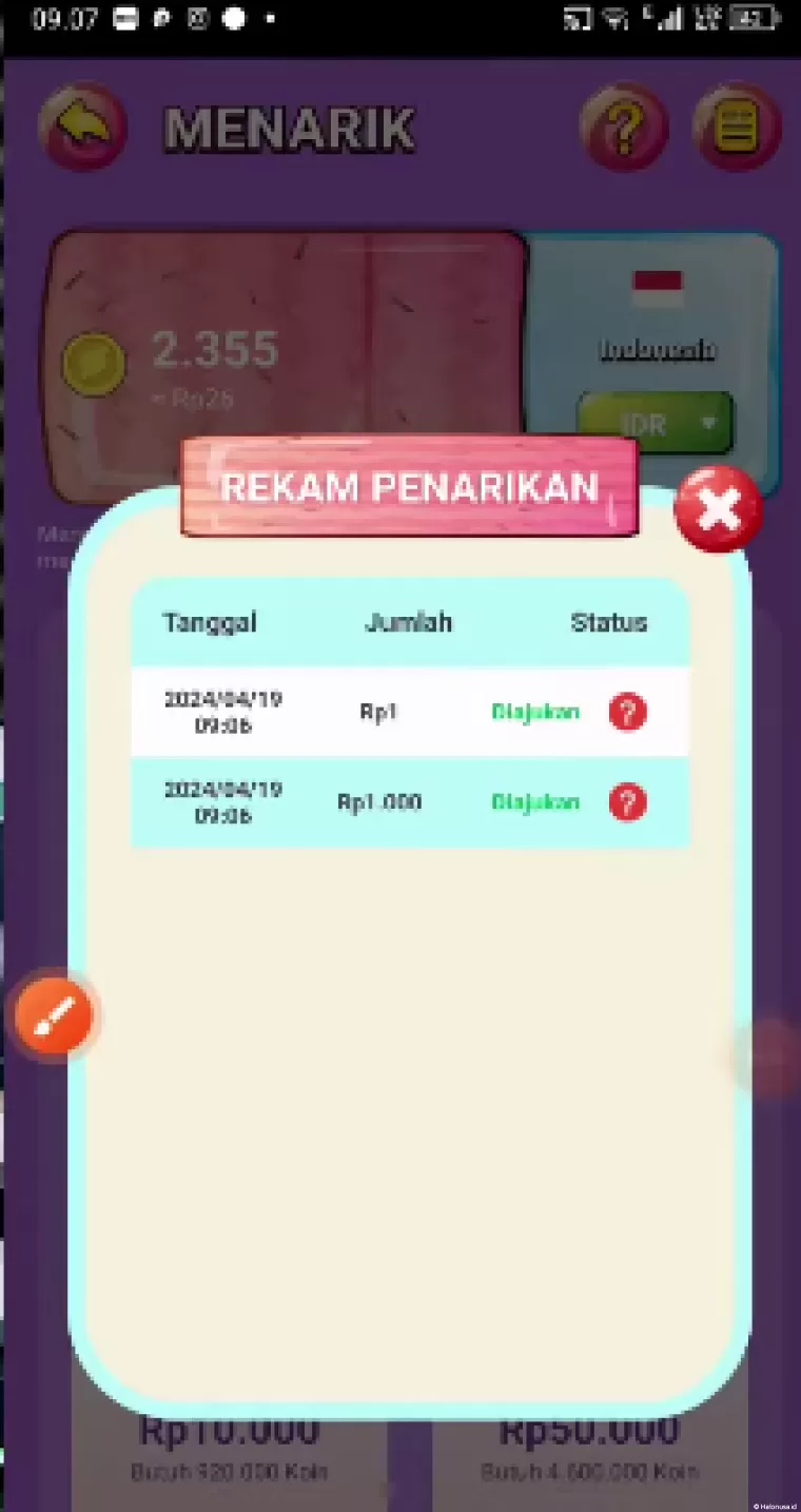 Bukti pembayaran aplikasi penghasil uang Sweet Spiral (foto: youtuber Jadi Berkah)