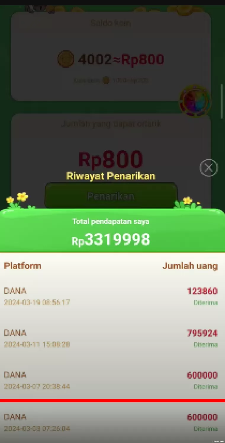 Riwayat transaksi aplikasi penghasil uang Crazy Win (foto: Youtuber Naufal354)