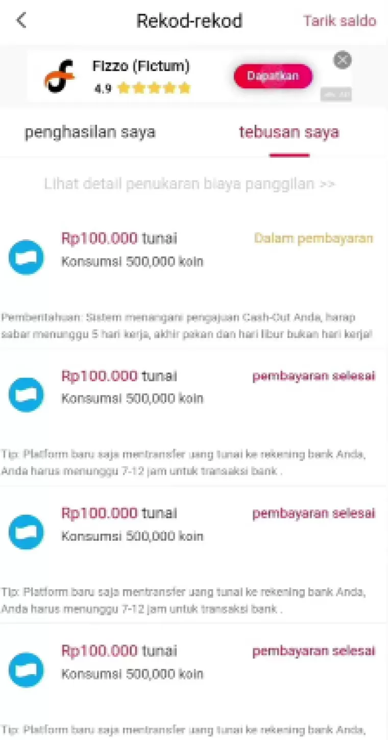 Riwayat transaksi aplikasi penghasil uang Cashzine (foto: Youtuber Naufal354)