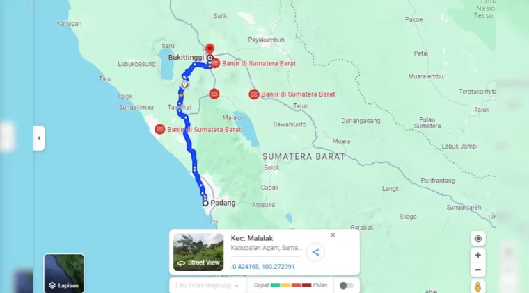 Rute Padang Bukittinggi via Malalak usai Banjir Bandang di Sumatera Barat. (Tangkapan Layar: Google Maps)