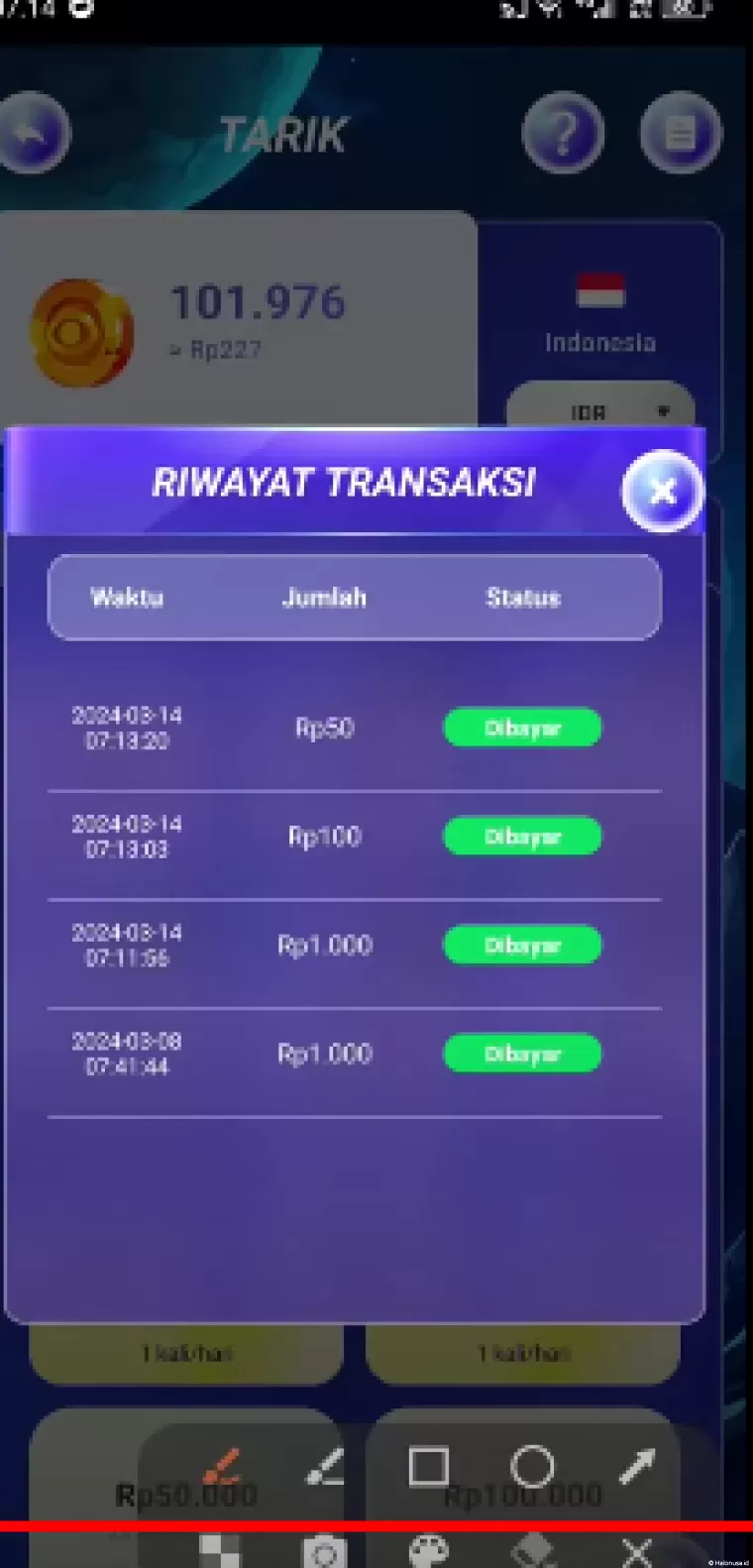 Riwayat penarikan aplikasi penghasil uang Galaxy Tycoon (foto: Youtuber Jadi Berkah)