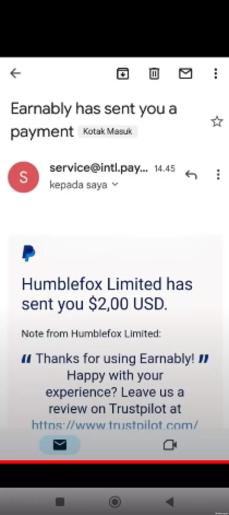 Bukti pembayaran Website Penghasil Uang Earnably (foto: Youtuber Naufal354)