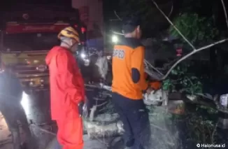 Personel BPBD Padang, membersihkan pohon tumbang yang ada di Jalan Jembatan baru Kuranji, Kamis (20/6/2024). (Foto: Arunala.com)