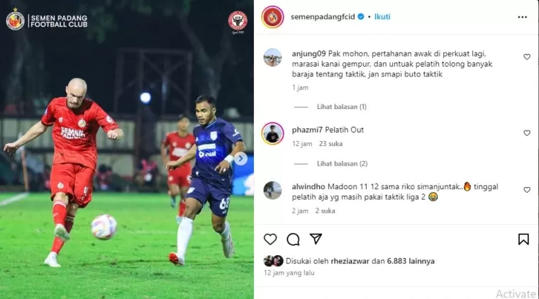 Tangkap layar unggahan Instagram Semen Padang FC