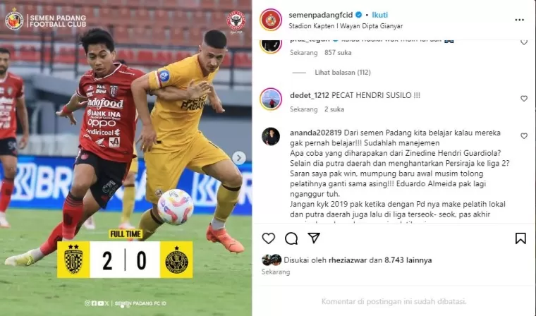 Tangkap Layar Unggahan Instagram Semen Padang FC