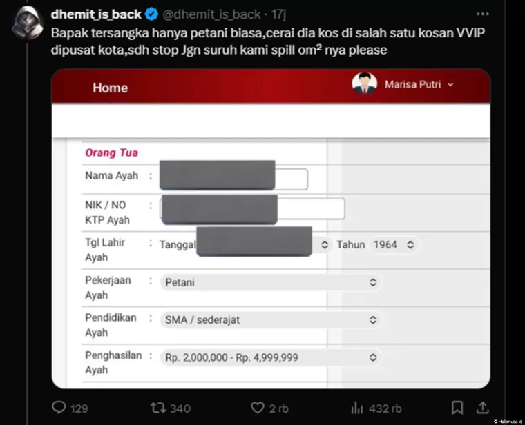 Postingan akun X yang menyatakan Ayah Marisa seorang Petani. (Foto: tangkapan layar akun @dhemit_is_back di Media Sosial X))