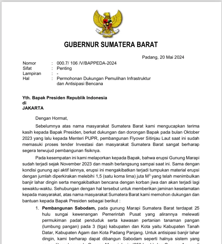 Surat Gubernur Sumbar Mahyeldi pada Presiden Joko Widodo untuk penangan bencana di Sumbar