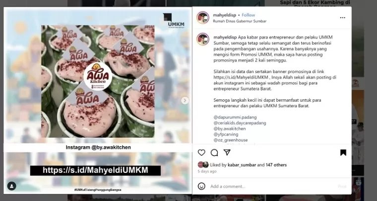 Program Wakaf Promosi Gratis UMKM di Instagram Mahyeldi Tunjukkan Sentimen Positif