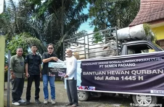 Kepala Unit CSR PT Semen Padang Dedi M Siddiq menyerahkan bantuan sapi kurban kepada Ketua KAN Limau Manis Zulkifli Dt Ri Gumayang, Sabtu (15/6/2024).Ist