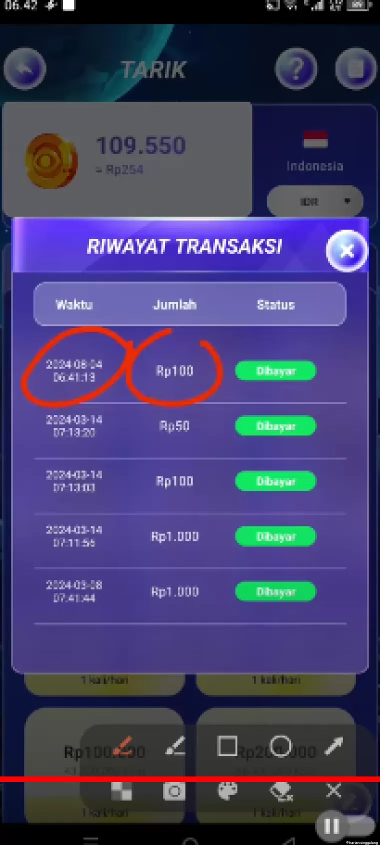 Bukti penarikan aplikasi penghasil uang Galaxy Tycoon (foto: Youtuber Jadi Berkah)