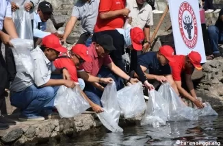 Direktur Utama (Dirut) PT Semen Padang, Indrieffouny Indra melepas ribuan ikan bilih di tepian Masjid Al-Furqan, Sabtu (10/8).ist