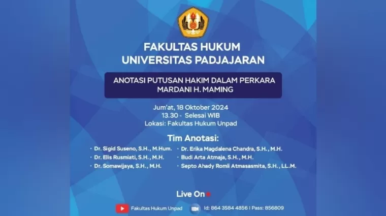 Fakultas Hukum Universitas Padjadaran Gelar Diskusi Anotasi Putusan Mardani Maming, Disiarkan Langsung Hari Ini